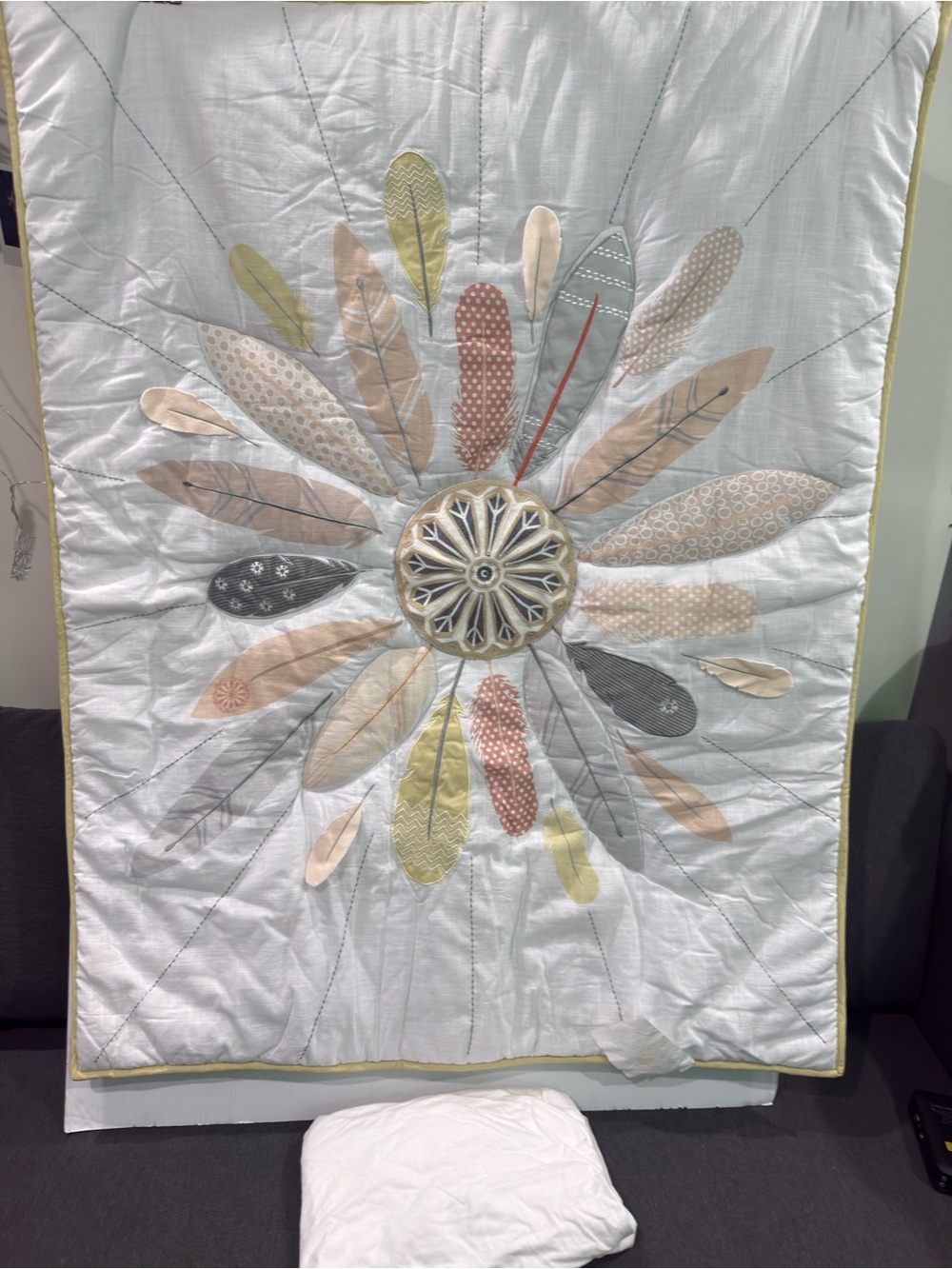 Neutral Feather Medallion baby nursery crib bedding, new see details